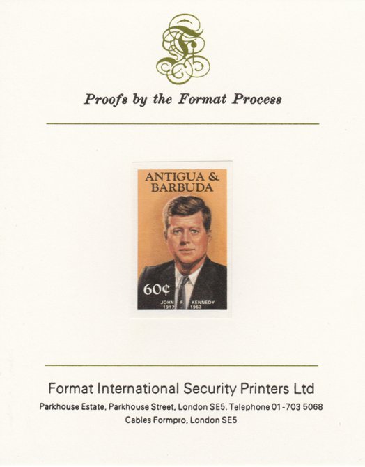 Antigua 1984 Famous People 60c (Kennedy) imperf proof mounted on Format International proof card as SG 890, stamps on kennedy, stamps on personalities