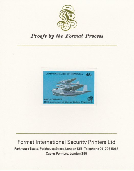 Dominica 1983 Manned Flight 45c (Mayo-Mercury Seaplane composite) imperf proof mounted on Format International proof card as SG 853, stamps on aviation, stamps on seaplane