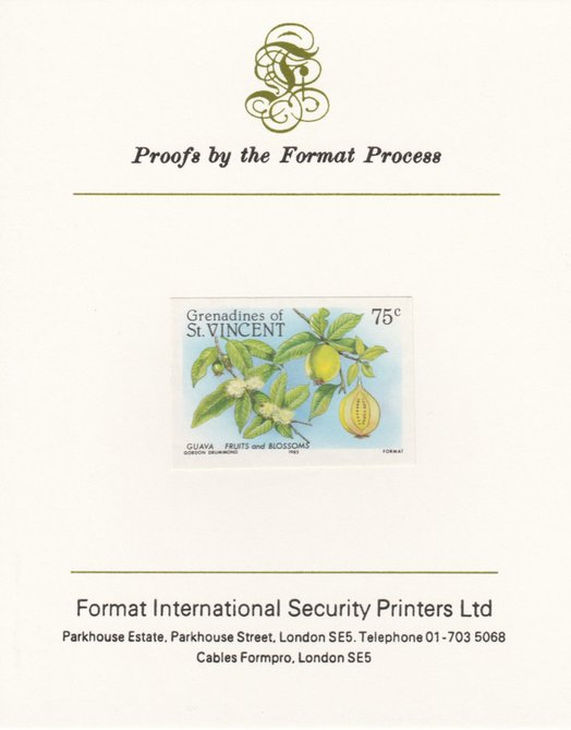 St Vincent - Grenadines 1985 Fruits & Blossoms 75c (Guava) imperf proof mounted on Format International proof card as SG 399, stamps on flowers  fruit