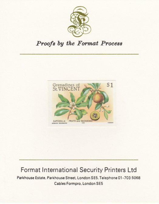 St Vincent - Grenadines 1985 Fruits & Blossoms $1 (Sapodilla) imperf proof mounted on Format International proof card as SG 400, stamps on , stamps on  stamps on flowers  fruit