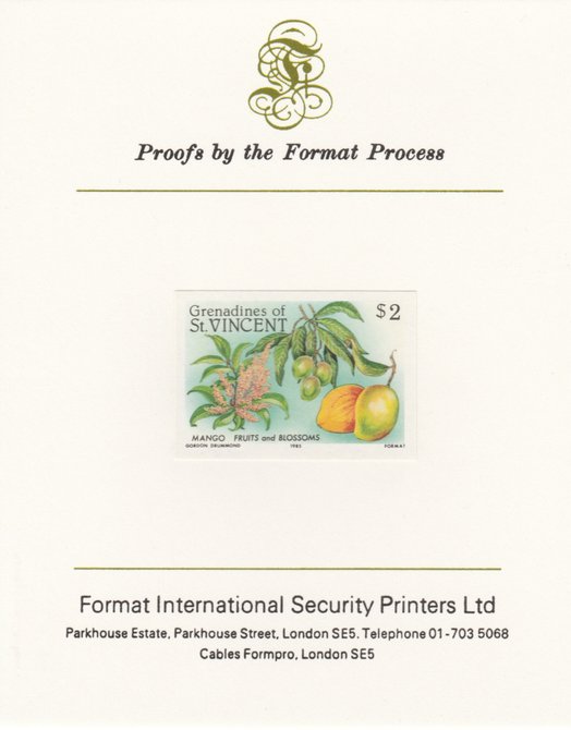 St Vincent - Grenadines 1985 Fruits & Blossoms $2 (Mango) imperf proof mounted on Format International proof card as SG 401