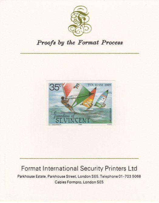 St Vincent - Grenadines 1985 Tourism Watersports 35c (Windsurfing) imperf proof mounted on Format International proof card as SG 386, stamps on sport   tourism    wind-surfing