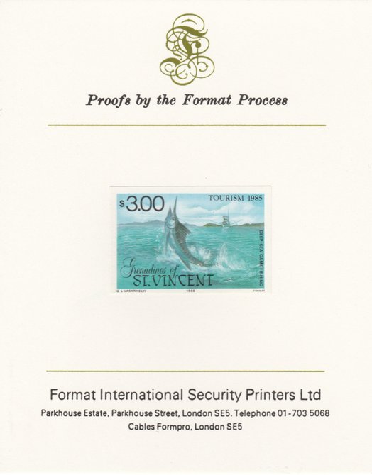 St Vincent - Grenadines 1985 Tourism Watersports $3 (Deep Sea Game Fishing) imperf proof mounted on Format International proof card as SG 389, stamps on , stamps on  stamps on fishing  marine-life  sport  tourism, stamps on  stamps on gamefish