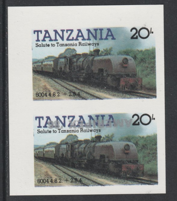 Tanzania 1986 Railways 20s (as SG 432) imperf proof pair with the unissued 'AMERIPEX '86' opt in silver inverted (some ink smudging) unmounted mint, stamps on , stamps on  stamps on postal, stamps on  stamps on railways, stamps on  stamps on stamp exhibitions