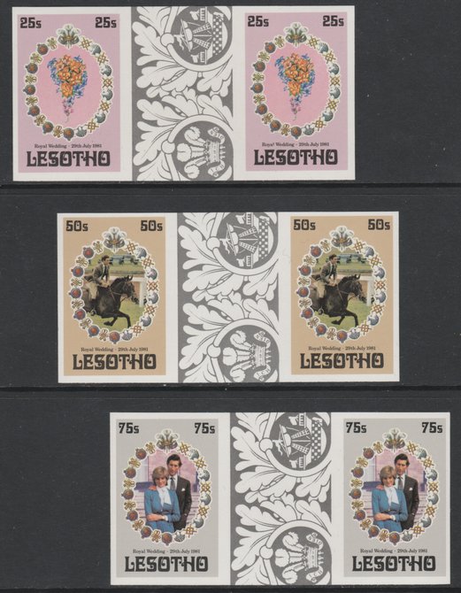 Lesotho 1981 Royal Wedding set of 3 in imperf inter-pane gutter pairs (as SG 451-3) unmounted mint, stamps on royalty, stamps on diana, stamps on charles, stamps on 