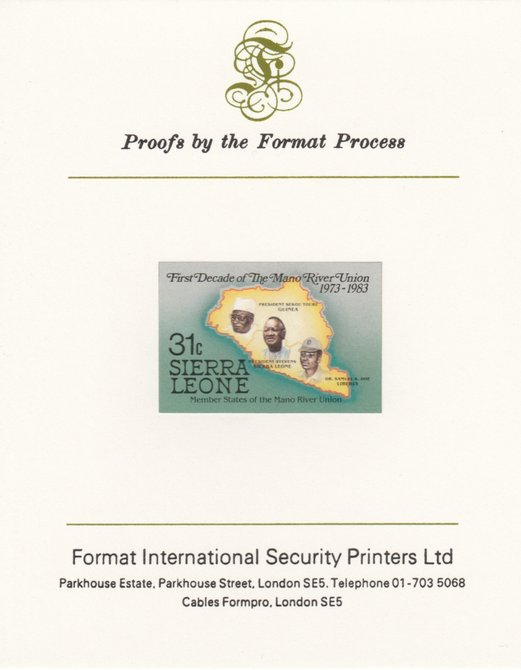 Sierra Leone 1984 Mano River 31c (Map & Presidents) imperf proof mounted on Format International proof card as SG 785, stamps on maps, stamps on rivers