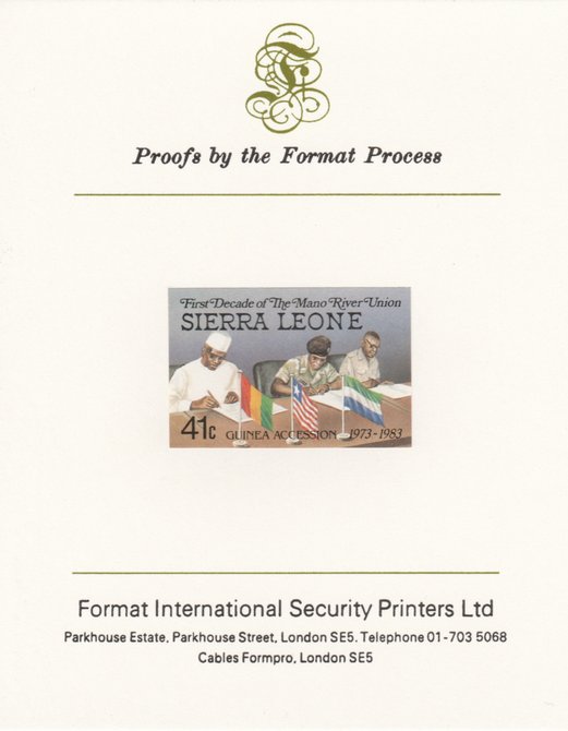 Sierra Leone 1984 Mano River 41c (Signing Ceromony) imperf proof mounted on Format International proof card as SG 786, stamps on flags, stamps on rivers