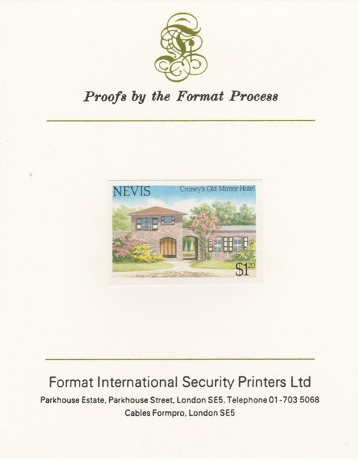 Nevis 1985 Tourism (2nd series) $1.20 (Croneys Old Manor Hotel) imperf proof mounted on Format International proof card as SG 245, stamps on tourism, stamps on hotels