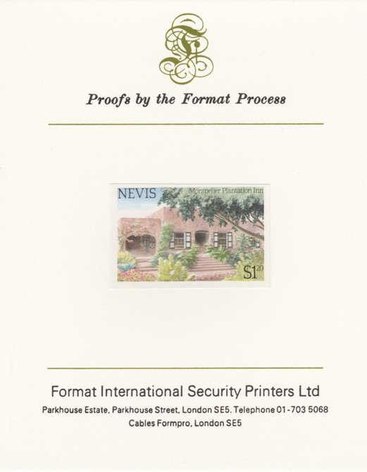 Nevis 1985 Tourism (2nd series) $1.20 (Montpelier Plantation Inn) imperf proof mounted on Format International proof card as SG 246, stamps on tourism