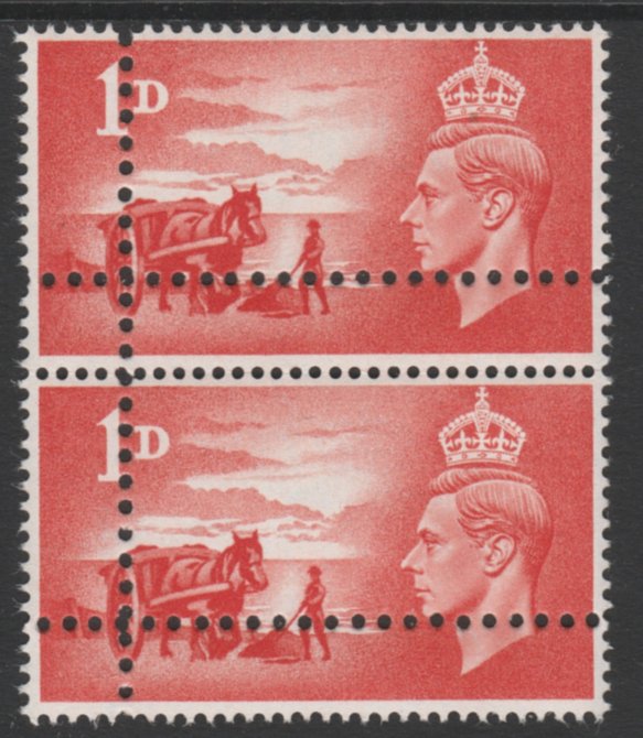 Great Britain 1948 Liberation of Channel Islands 1d scarlet vertical pair with perforations doubled (stamps are quartered) as SG C1.  Note: the stamps are genuine but the additional perfs are a slightly different gauge identifying it to be a forgery., stamps on , stamps on  stamps on cars, stamps on  stamps on jaguar, stamps on  stamps on 