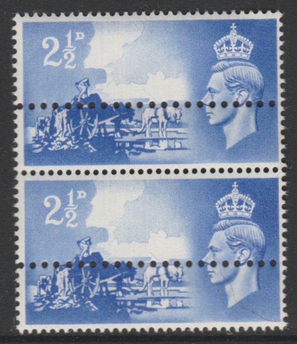 Great Britain 1948 Liberation of Channel Islands 2.5d ultramarine vertical pair with additional row of horizontal perfs as SG C2.  Note: the stamps are genuine but the additional perfs are a slightly different gauge identifying it to be a forgery., stamps on , stamps on  stamps on cars, stamps on  stamps on jaguar, stamps on  stamps on 