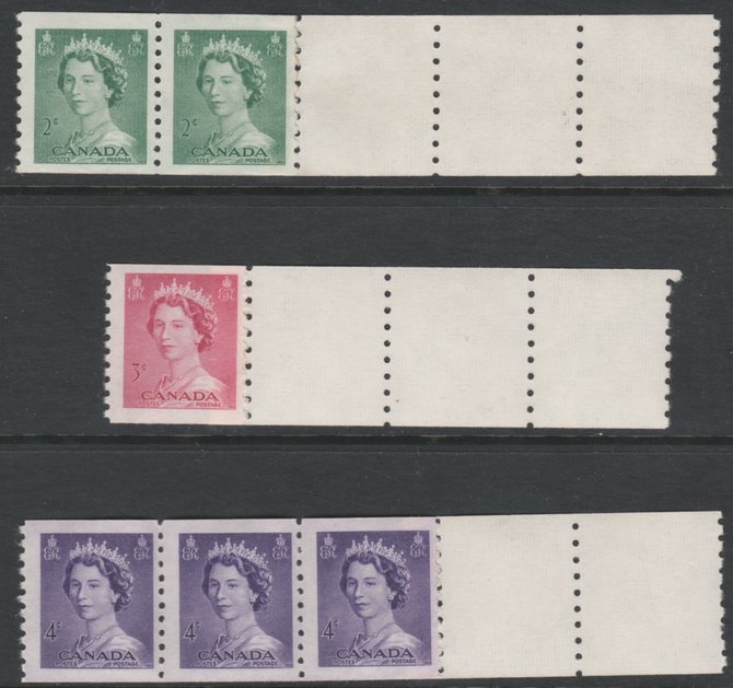 Canada 1953 QEII 2c green, 3c carmine & 4c violet coil stamp (imperf x perf 9.5) each in unmounted mint coil ends SG 455-7, stamps on 