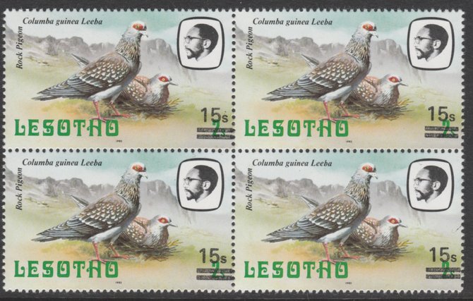 Lesotho 1986-88 Provisional surcharge 15s on 2s Speckled Pigeon unmounted mint block of 4 SG 717, stamps on birds    