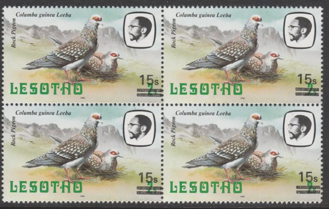 Lesotho 1986-88 Provisional surcharge 15s on 2s Speckled Pigeon unmounted mint block of 4 SG 717, stamps on birds