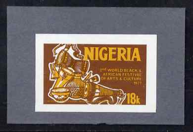 Nigeria 1977 Festival of Arts 18k (Musical Instruments) imperf machine proof mounted on small card as submitted for approval (plus issued stamp on FDC)., stamps on , stamps on  stamps on music