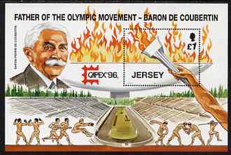 Jersey 1996 Sporting Anniversaries £1 m/sheet for Centenary of Modern Olympics, with 'Capex 96' logo, unmounted mint SG MS 751, stamps on sport, stamps on olympics, stamps on exhibitions