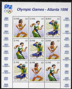 Ireland 1996 Atlanta Olympics 3 x 32p (Running, Discus & Single Kayak) sheetlet containing 3 x se-tenant strips of 3 unmounted mint, as SG 988a x 3, stamps on , stamps on  stamps on sport, stamps on  stamps on olympics, stamps on  stamps on discus, stamps on  stamps on canoeing, stamps on  stamps on running, stamps on  stamps on athletics, stamps on  stamps on field
