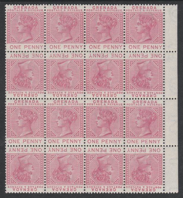 Grenada 1887 QV 1d carmine a beautiful marginal block of 16 (4x4) made up by 8 tte-bche pairs, catalogued £88 as pairs but worth quite a premium being in such a fine..., stamps on 