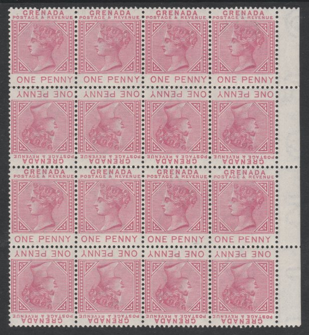 Grenada 1887 QV 1d carmine a beautiful marginal block of 16 (4x4) made up by 8 tte-bche pairs, catalogued 88 as pairs but worth quite a premium being in such a fine bl..., stamps on 