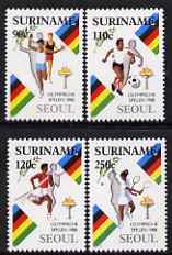 Surinam 1988 Olympic Games Seoul set of 4 (Relay, Tennis, Football, Pole Vault) unmounted mint, SG 1374-77, stamps on , stamps on  stamps on sport, stamps on  stamps on olympics, stamps on  stamps on tennis, stamps on  stamps on football, stamps on  stamps on pole vault