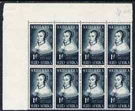 South Africa 1952 Tercentenary of Landing of Van Riebeeck 1d corner block of 8, one stamp with 'large scar on forehead', unmounted mint SG 137var, stamps on , stamps on  stamps on royalty, stamps on  stamps on  kg6 , stamps on  stamps on 