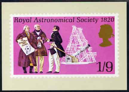Postcard - Royal Astronomical Society - 1s9d stamp of 1970 PPC produced by National Postal Museum unused and fine, stamps on space, stamps on astronomy, stamps on telescopes