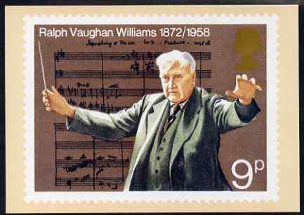 Postcard - European Music Year - Vaughan Williams 9p stamp of 1972 PPC produced by National Postal Museum unused and fine, stamps on music