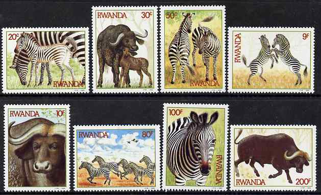 Rwanda 1984 Zebras & Buffaloes perf set of 8 unmounted mint, SG 1210-17, stamps on animals, stamps on zebras, stamps on buffaloes, stamps on bovine, stamps on zebra