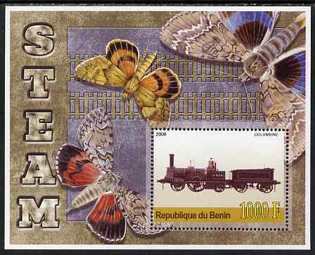 Benin 2006 Early Steam Locos #2 (Columbine) perf m/sheet with Butterflies in background unmounted mint. Note this item is privately produced and is offered purely on its ..., stamps on railways, stamps on butterflies