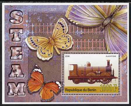 Benin 2006 Early Steam Locos #1 (Gladstone) imperf m/sheet with Butterflies in background unmounted mint. Note this item is privately produced and is offered purely on it..., stamps on railways, stamps on butterflies