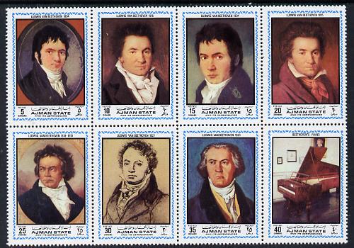 Ajman 1972 Beethoven (Paintings) perf set of 8 (Mi 1336-43A) unmounted mint, stamps on music     arts     personalities     composers, stamps on opera, stamps on personalities, stamps on beethoven, stamps on opera, stamps on music, stamps on composers, stamps on deaf, stamps on disabled, stamps on masonry, stamps on masonics