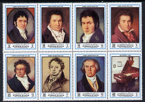 Ajman 1972 Beethoven (Paintings) perf set of 8 (Mi 1336-43A) unmounted mint, stamps on , stamps on  stamps on music     arts     personalities     composers, stamps on  stamps on opera, stamps on  stamps on personalities, stamps on  stamps on beethoven, stamps on  stamps on opera, stamps on  stamps on music, stamps on  stamps on composers, stamps on  stamps on deaf, stamps on  stamps on disabled, stamps on  stamps on masonry, stamps on  stamps on masonics