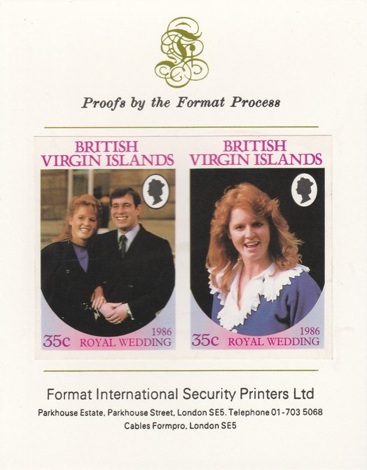 British Virgin Islands 1986 Royal Wedding (Andrew & Fergie) 35c imperf se-tenant proof pair mounted on Format International proof card as SG 605a, stamps on , stamps on  stamps on royalty, stamps on  stamps on andrew, stamps on  stamps on fergie, stamps on  stamps on 