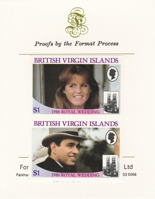British Virgin Islands 1986 Royal Wedding (Andrew & Fergie) $1 imperf se-tenant proof pair mounted on Format International proof card as SG 607a, stamps on , stamps on  stamps on royalty, stamps on  stamps on andrew, stamps on  stamps on fergie, stamps on  stamps on 