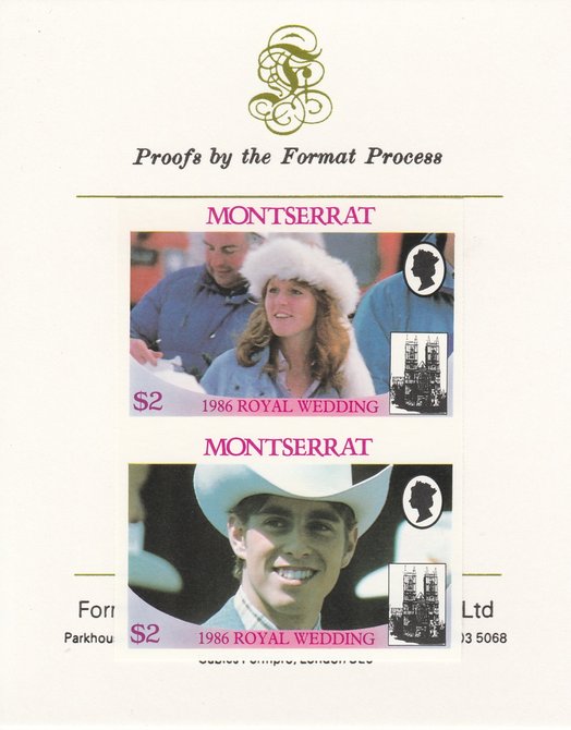 Montserrat 1986 Royal Wedding (Andrew & Fergie) $2 imperf se-tenant proof pair mounted on Format International proof card as SG 693a, stamps on royalty, stamps on andrew, stamps on fergie, stamps on 