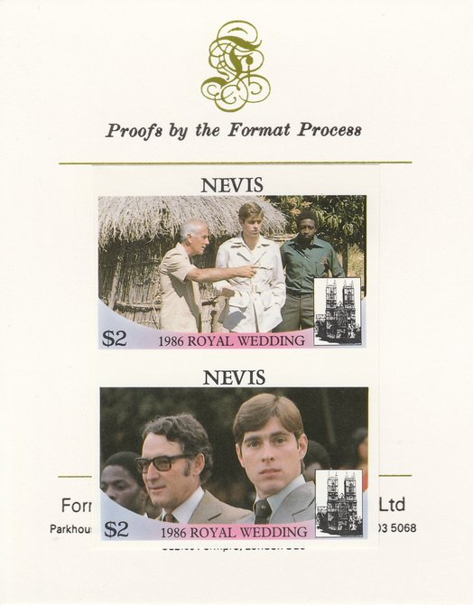 Nevis 1986 Royal Wedding (Andrew & Fergie) 60c imperf se-tenant proof pair mounted on Format International proof card as SG 454a, stamps on , stamps on  stamps on royalty, stamps on  stamps on andrew, stamps on  stamps on fergie, stamps on  stamps on 