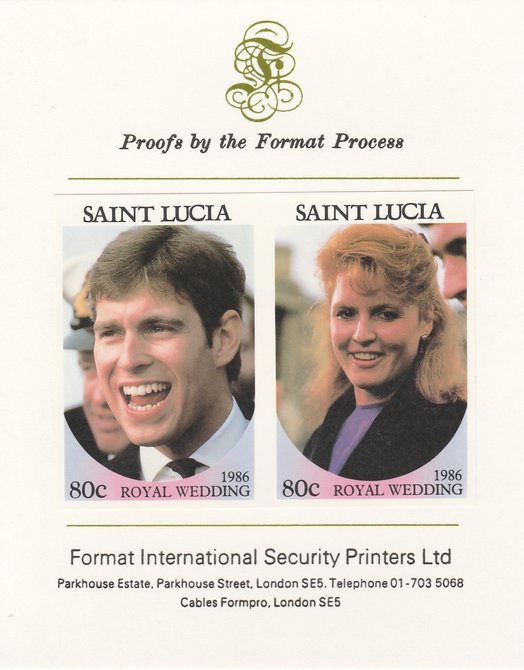 St Lucia 1986 Royal Wedding (Andrew & Fergie) 80c imperf se-tenant proof pair mounted on Format International proof card as SG 890a, stamps on , stamps on  stamps on royalty, stamps on  stamps on andrew, stamps on  stamps on fergie, stamps on  stamps on 