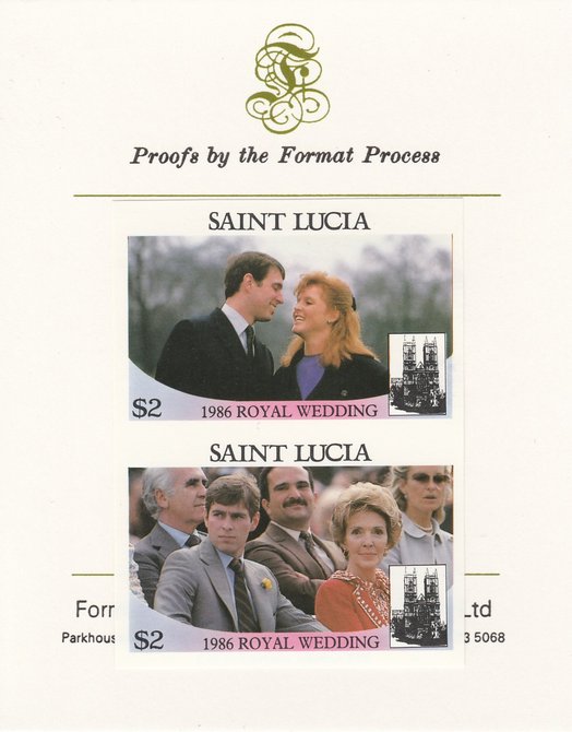 St Lucia 1986 Royal Wedding (Andrew & Fergie) $2 imperf se-tenant proof pair mounted on Format International proof card as SG 892a, stamps on royalty, stamps on andrew, stamps on fergie, stamps on 