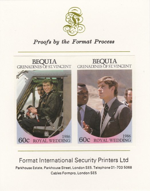 St Vincent - Bequia 1986 Royal Wedding (Andrew & Fergie) 60c imperf se-tenant proof pair mounted on Format International proof card, stamps on , stamps on  stamps on royalty, stamps on  stamps on andrew, stamps on  stamps on fergie, stamps on  stamps on 