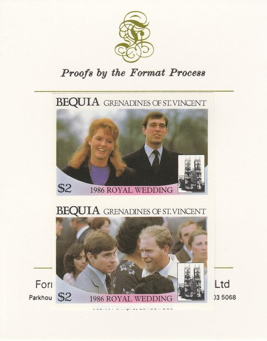 St Vincent - Bequia 1986 Royal Wedding (Andrew & Fergie) $2 imperf se-tenant proof pair mounted on Format International proof card, stamps on , stamps on  stamps on royalty, stamps on  stamps on andrew, stamps on  stamps on fergie, stamps on  stamps on 