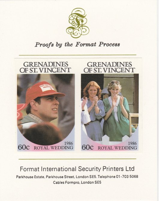 St Vincent - Grenadines 1986 Royal Wedding (Andrew & Fergie) 60c imperf se-tenant proof pair mounted on Format International proof card as SG 486a, stamps on royalty, stamps on andrew, stamps on fergie, stamps on 