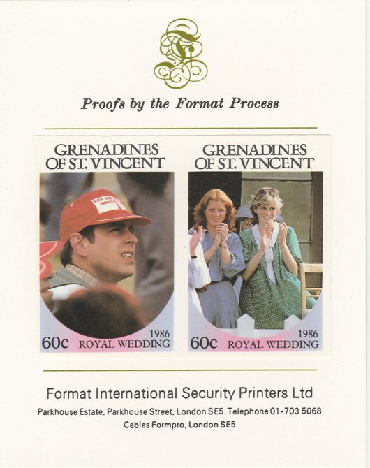 St Vincent - Grenadines 1986 Royal Wedding (Andrew & Fergie) 60c imperf se-tenant proof pair mounted on Format International proof card as SG 486a, stamps on , stamps on  stamps on royalty, stamps on  stamps on andrew, stamps on  stamps on fergie, stamps on  stamps on 