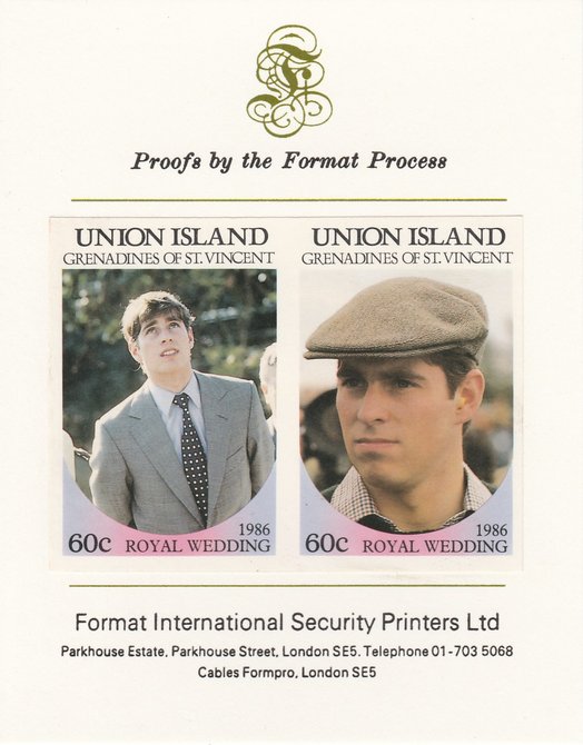 St Vincent - Union Island 1986 Royal Wedding (Andrew & Fergie) 60c imperf se-tenant proof pair mounted on Format International proof card , stamps on royalty, stamps on andrew, stamps on fergie, stamps on 
