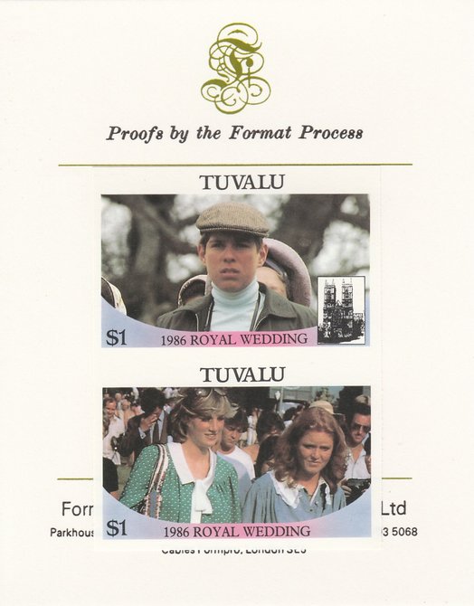 Tuvalu 1986 Royal Wedding (Andrew & Fergie) $1 imperf se-tenant proof pair mounted on Format International proof card as SG 399a, stamps on , stamps on  stamps on royalty, stamps on  stamps on andrew, stamps on  stamps on fergie, stamps on  stamps on 