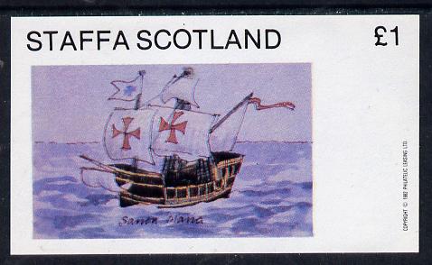 Staffa 1982 Ships #1 (Santa Maria) imperf souvenir sheet (£1 value) unmounted mint, stamps on columbus    explorers    ships