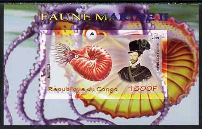 Congo 2009 Sir Francis Drake & Marine Fauna #2 imperf m/sheet unmounted mint, stamps on personalities, stamps on marine life, stamps on shells, stamps on explorers