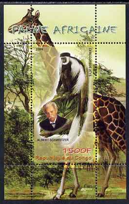 Congo 2009 Albert Schweitzer & African Fauna perf m/sheet unmounted mint, stamps on , stamps on  stamps on personalities, stamps on  stamps on peace, stamps on  stamps on nobel, stamps on  stamps on music, stamps on  stamps on religion, stamps on  stamps on animals, stamps on  stamps on giraffes, stamps on  stamps on apes