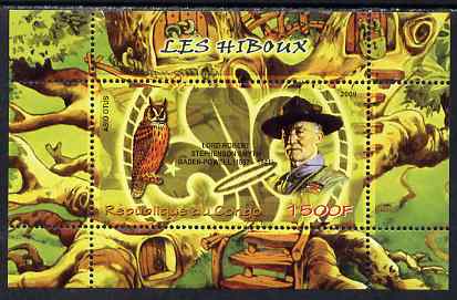 Congo 2009 Baden Powell & Owls perf m/sheet unmounted mint, stamps on personalities, stamps on scouts, stamps on owls, stamps on birds of prey