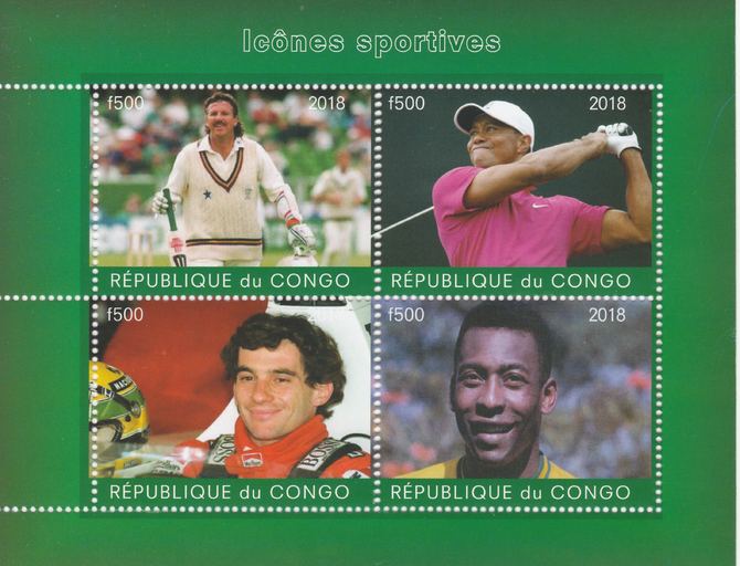 Congo 2018 Icons of Sport #1 (Botham,Tiger Woods, Senna & Pele) perf sheetlet containing 4 values unmounted mint. Note this item is privately produced and is offered pure..., stamps on personalities, stamps on sport, stamps on cricket, stamps on golf, stamps on  f1 , stamps on formua 1, stamps on football