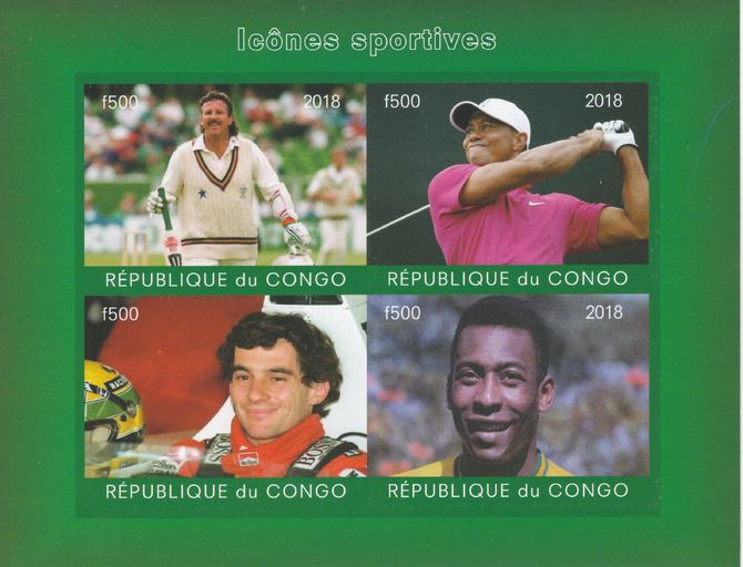 Congo 2018 Icons of Sport #1 (Botham,Tiger Woods, Senna & Pele) imperf sheetlet containing 4 values unmounted mint. Note this item is privately produced and is offered purely on its thematic appeal., stamps on personalities, stamps on sport, stamps on cricket, stamps on golf, stamps on  f1 , stamps on formua 1, stamps on football